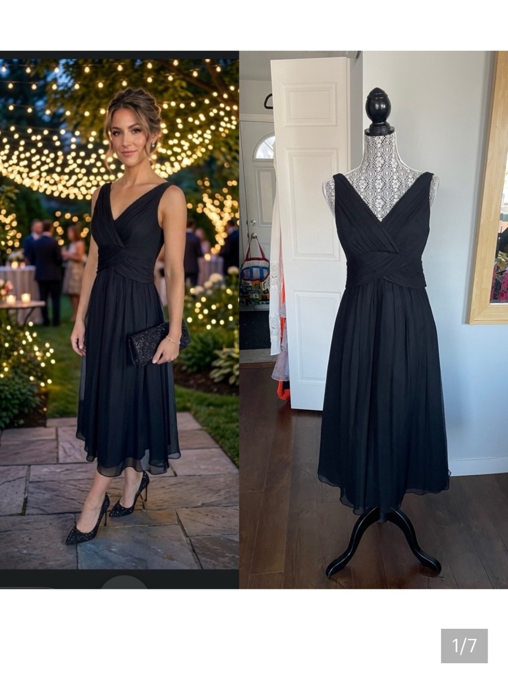 💯 Silk XL Chiffon Midi Evening Dress Gown. Size 10. Black.
